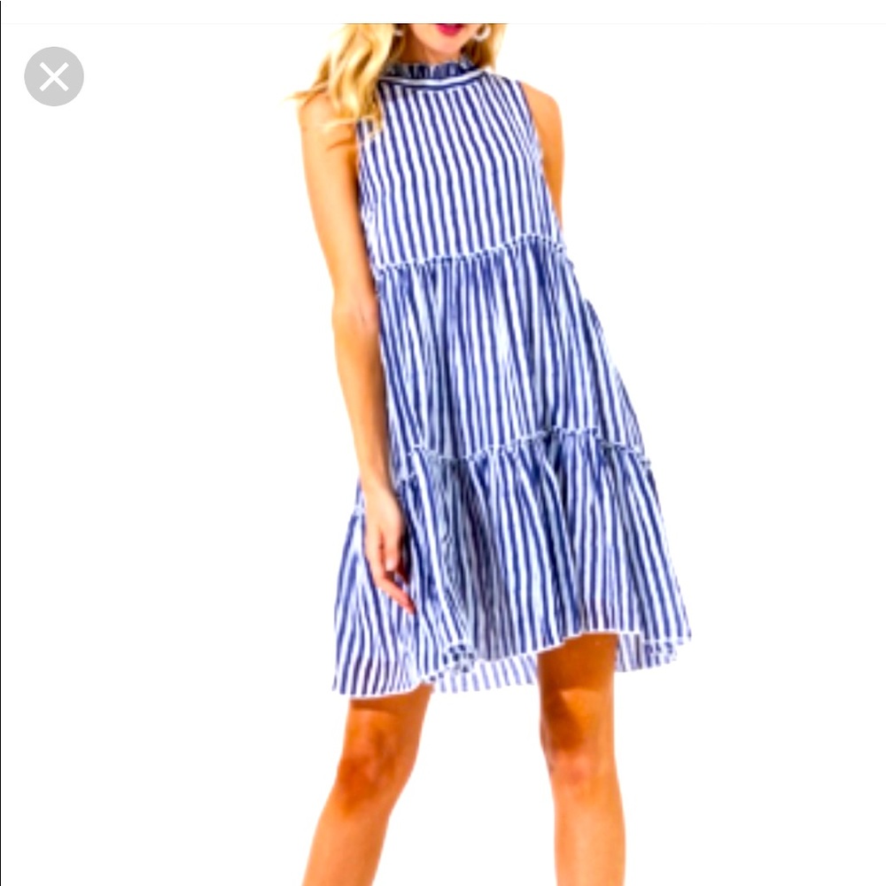 New Oliphant navy striped ruffle tiered sleeveless dress Size XS.